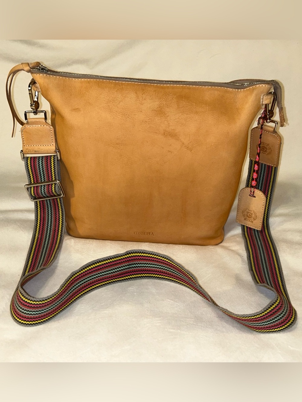 Consuela Wedge Diego Tan Leather Bag with Multicolor Striped Strap (178)